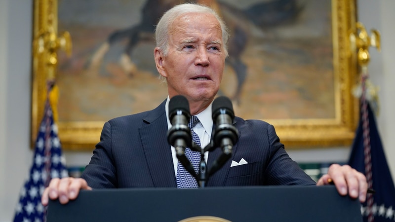 President Joe Biden speaks in the Roosevelt Room of the White House, Friday, June 30, 2023, in...