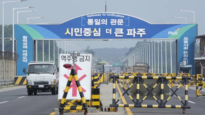 Barricades are placed near the Unification Bridge, which leads to the Panmunjom in the...