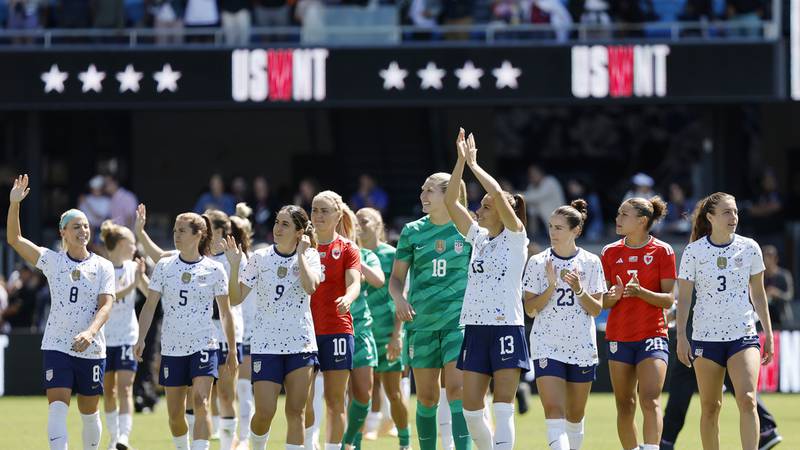 The United States team celebrates a win against Wales during a FIFA Women's World Cup send-off...