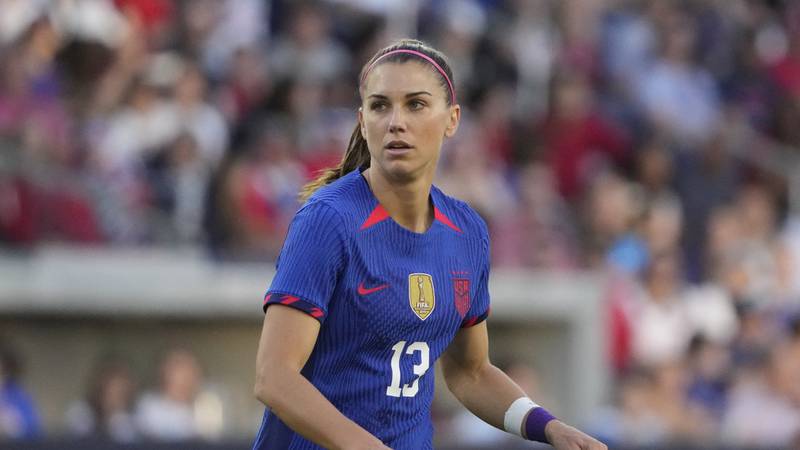 FILE - United States' Alex Morgan plays during the first half of an international friendly...