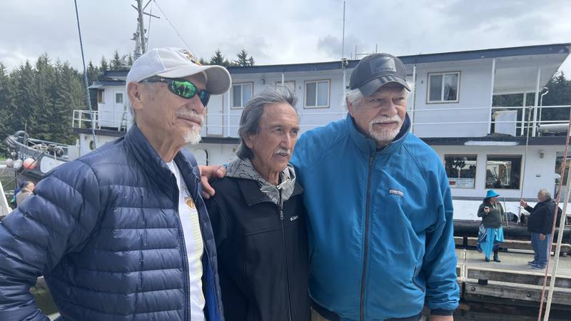 1976 crew members Billy Richards, Shorty Bertelmann and John Kruse reunite on deck of Hokulea.