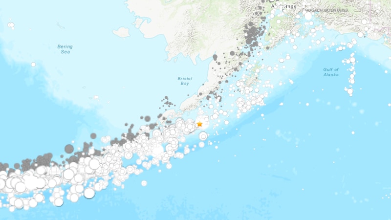 The star marks the area of the earthquake off Alaska.