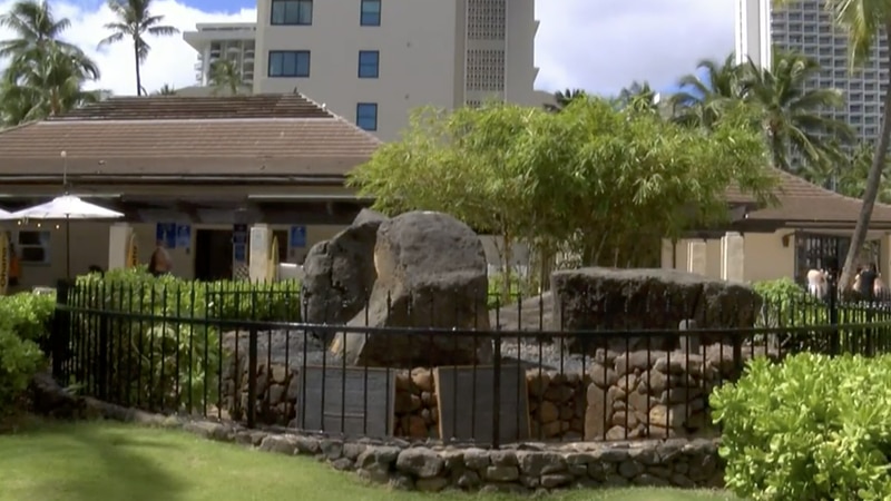 The four Kapaemahu Stones sit in Waikiki next to the police substation.